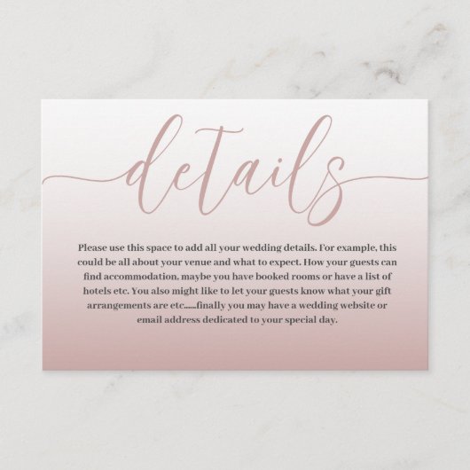 Elegant Roos Gold en kalligrafie huwelijksgegevens Informatiekaartje (Voorkant)
