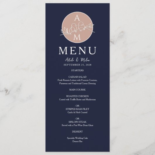 Elegant Roos Gold en marineblauw huwelijk Menu (Voorkant)