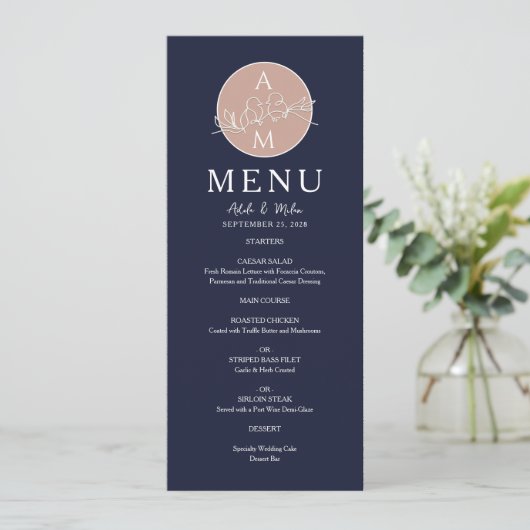 Elegant Roos Gold en marineblauw huwelijk Menu (Staand voorkant)
