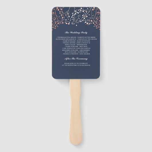 Elegant Roos Gold en Navy Blue huwelijksprogramma Handwaaier (Achterkant)
