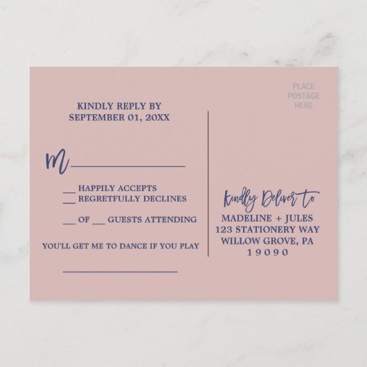 Elegant Roos Gold en Navy Song Request RSVP Uitnodiging Briefkaart (Achterkant)