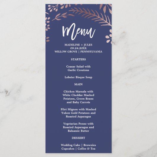 Elegant Roos Gold en Navy Wedding Menu Kaart (Voorkant)