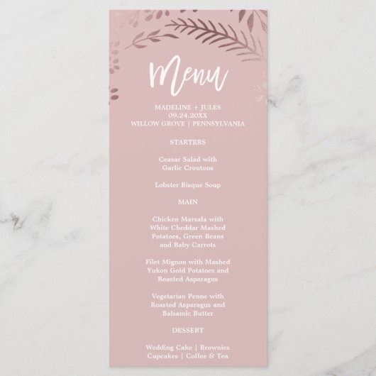 Elegant Roos Gold en Pink Wedding Menu Kaart (Voorkant)