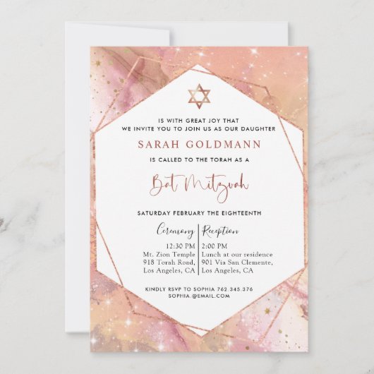 Elegant Roos Gold en Roze Celestial Bat Mitzvah Kaart (Voorkant)