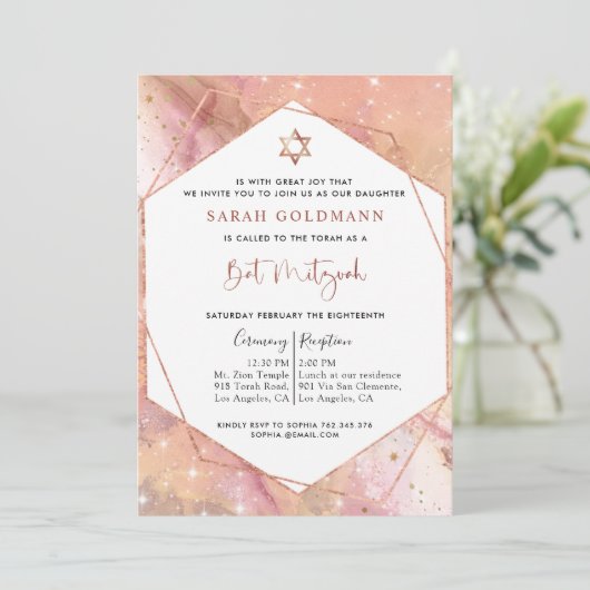Elegant Roos Gold en Roze Celestial Bat Mitzvah Kaart (Staand voorkant)