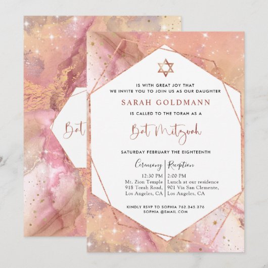 Elegant Roos Gold en Roze Celestial Bat Mitzvah Kaart (Voorkant / Achterkant)