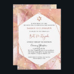 Elegant Roos Gold en Roze Celestial Bat Mitzvah Kaart<br><div class="desc">Verfijn vrienden en familie met deze prachtige en elegante Bat Mitzvah-uitnodiging! Ontwerp met een delicaat roos gouden, roze en perzikkleurige waterverf en een inkthemelachtergrond met dunne sterren. Mogelijkheid om uw ceremonie en receptie, luncheon, diner of feestgegevens toe te voegen! Faux roos Gold folie ster van David, Bat Mitzvah-frase en geometrisch...</div>