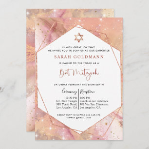 Elegant Roos Gold en Roze Celestial Bat Mitzvah Kaart