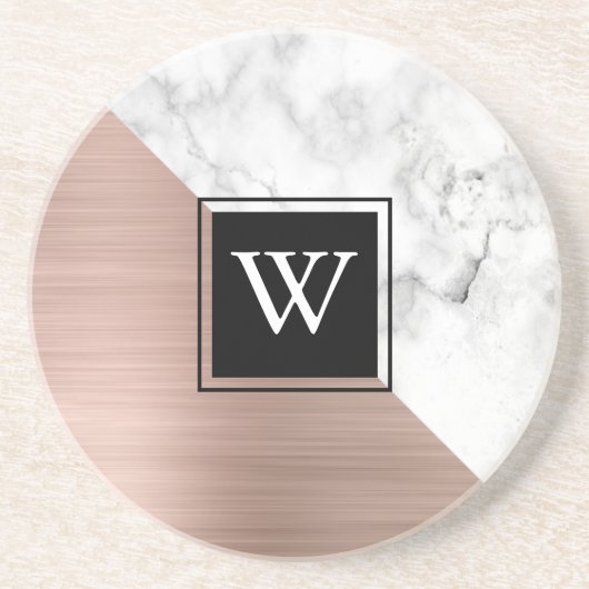 Elegant Roos Gold en White Marble Monogram Zandsteen Onderzetter (Voorkant)
