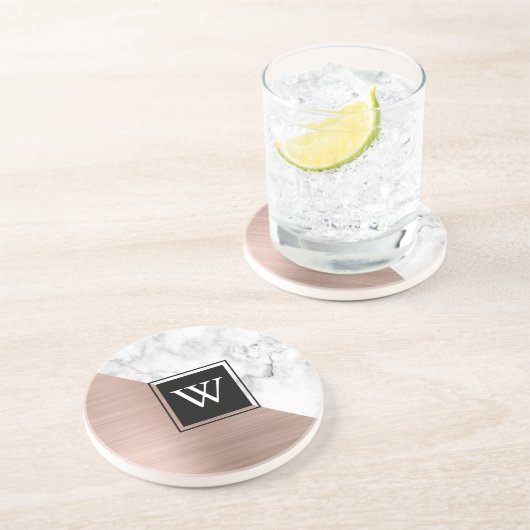 Elegant Roos Gold en White Marble Monogram Zandsteen Onderzetter (Zijkant)