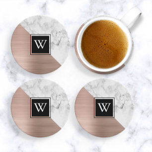 Elegant Roos Gold en White Marble Monogram Zandsteen Onderzetter