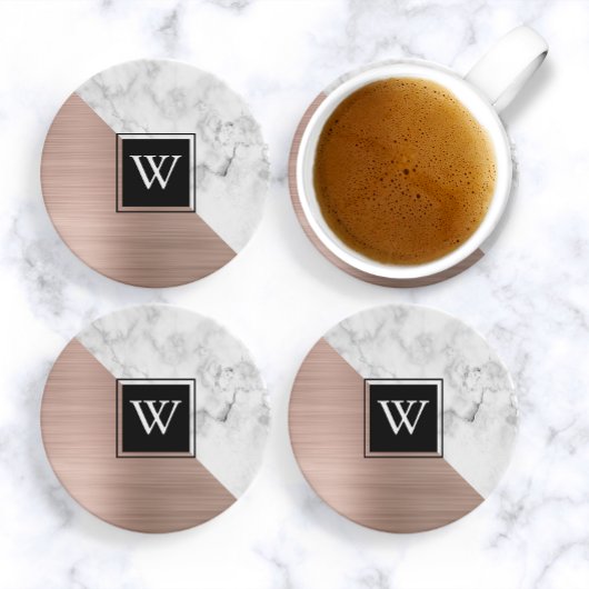Elegant Roos Gold en White Marble Monogram Zandsteen Onderzetter