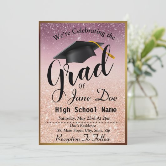 Elegant Roos Gold en zwart glitter Afstuderen Kaart (Staand voorkant)