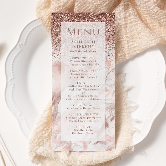 Elegant Roos Gold Faux Glitter Marble Wedding Menu