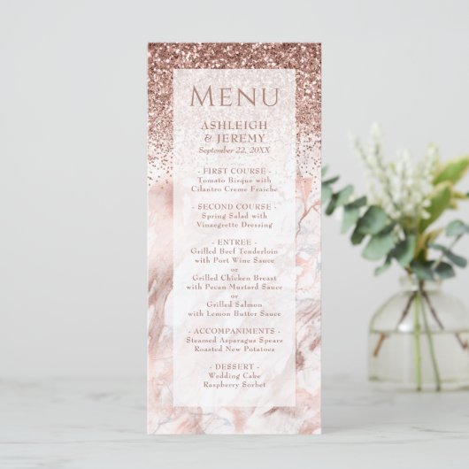 Elegant Roos Gold Faux Glitter Marble Wedding Menu (Staand voorkant)