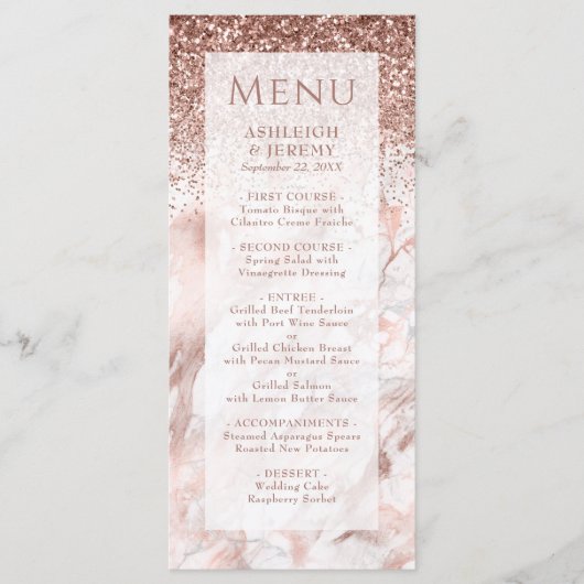 Elegant Roos Gold Faux Glitter Marble Wedding Menu (Voorkant)