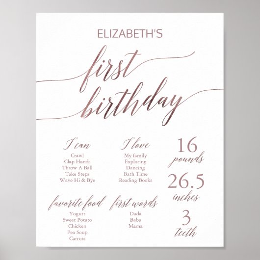Elegant Roos Gold First Birthday Milestone Sign Poster (Voorkant)