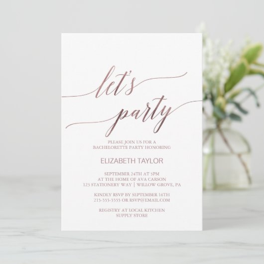 Elegant Roos Gold | Floral back Let's Party Kaart (Staand voorkant)
