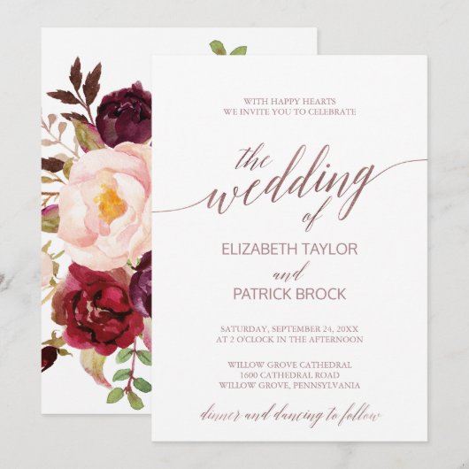 Elegant Roos Gold | Floral Backing Wedding Kaart (Voorkant / Achterkant)