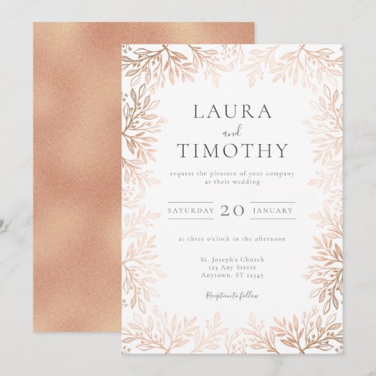 Elegant Roos Gold Floral Border Typography Wedding Kaart (Voorkant / Achterkant)