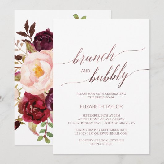 Elegant Roos Gold | Floral Brunch en Bubble Kaart (Voorkant / Achterkant)
