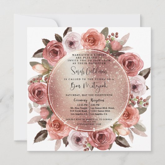 Elegant Roos Gold Floral en Glitter Bat Mitzvah Kaart (Voorkant)