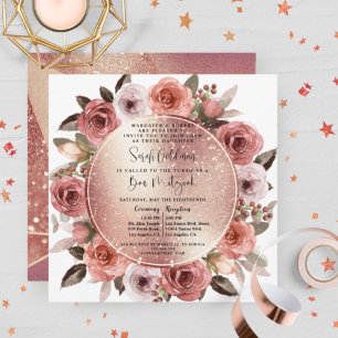 Elegant Roos Gold Floral en Glitter Bat Mitzvah Kaart