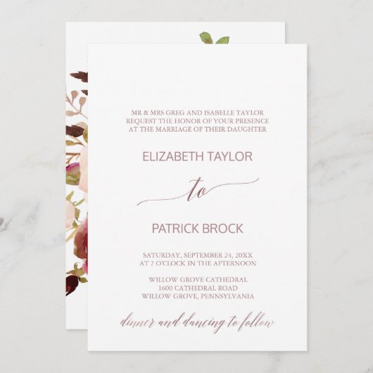 Elegant Roos Gold | Floral Formal Wedding Kaart (Voorkant / Achterkant)