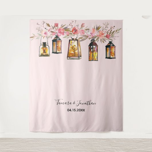 Elegant Roos Gold Floral Foto-achtergrond bruiloft Wandkleed (Voorkant)