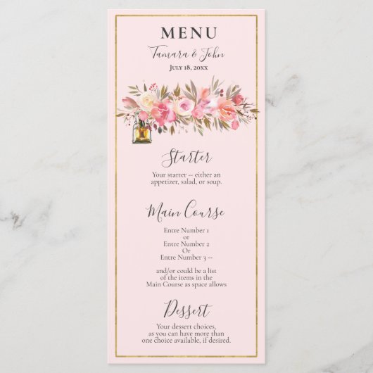 Elegant Roos Gold Floral Lantaarns Ontvangen Menu (Voorkant)