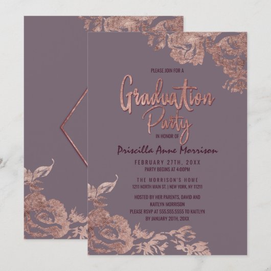 Elegant Roos Gold Floral Paars Mauve Afstuderen Kaart (Voorkant / Achterkant)