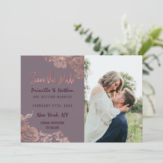 Elegant Roos Gold Floral Paars Mauve Save Date Save The Date (Staand voorkant)