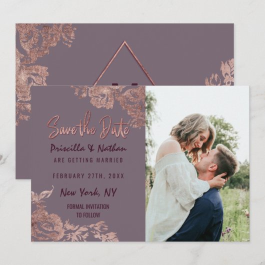 Elegant Roos Gold Floral Paars Mauve Save Date Save The Date (Voorkant / Achterkant)