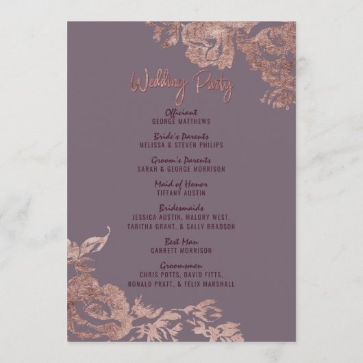 Elegant Roos Gold Floral Paars Wedding Programme Programmakaart (Achterkant)