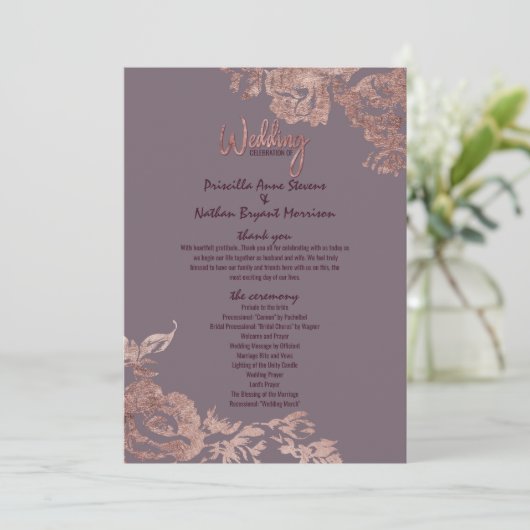 Elegant Roos Gold Floral Paars Wedding Programme Programmakaart (Staand voorkant)