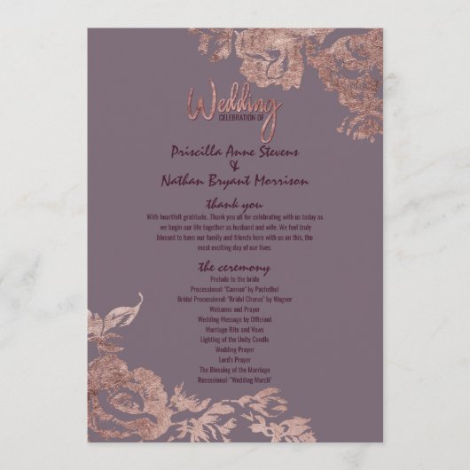 Elegant Roos Gold Floral Paars Wedding Programme Programmakaart (Voorkant)