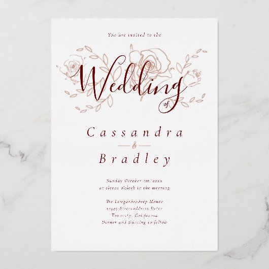 Elegant Roos Gold Floral Pink Burgundy Weddenschap Folie Uitnodiging (Voorkant)