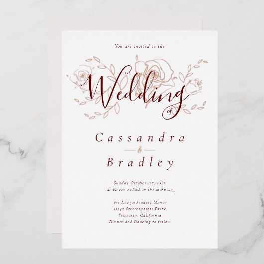 Elegant Roos Gold Floral Pink Burgundy Weddenschap Folie Uitnodiging (Voorkant / Achterkant)