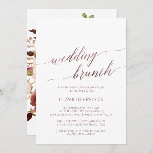 Elegant Roos Gold | Floral Wedding Brunch Kaart (Voorkant / Achterkant)