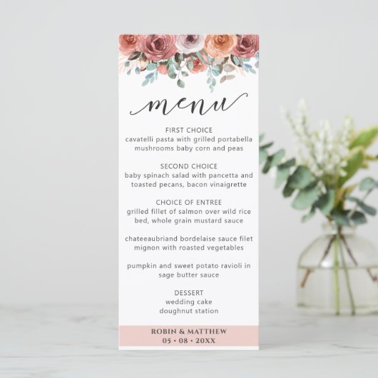 Elegant Roos Gold Floral Wedding Menu (Staand voorkant)