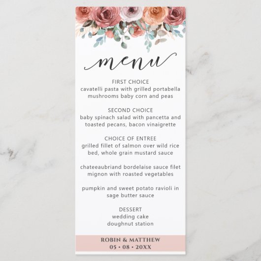 Elegant Roos Gold Floral Wedding Menu (Voorkant)