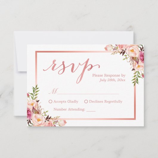 Elegant Roos Gold Floral Wedding RSVP Antwoord (Voorkant)