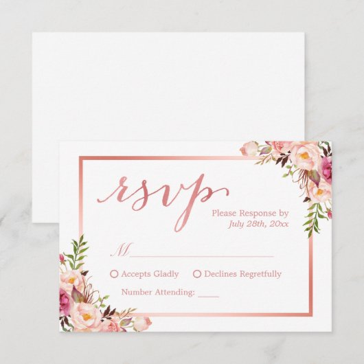Elegant Roos Gold Floral Wedding RSVP Antwoord (Voorkant / Achterkant)