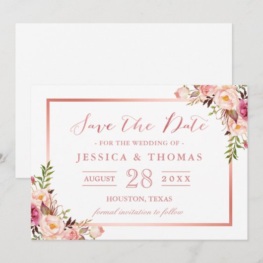 Elegant Roos Gold Floral Wedding Save the Date (Voorkant / Achterkant)