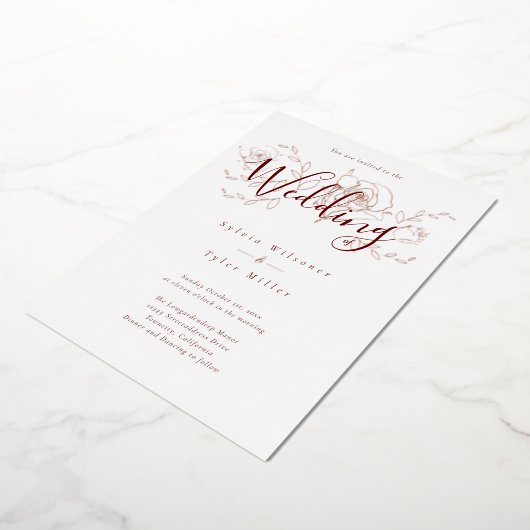 Elegant Roos Gold Floral White Burgundy Wedding fo Folie Uitnodiging (Gedraaid)