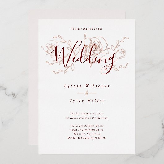 Elegant Roos Gold Floral White Burgundy Wedding fo Folie Uitnodiging (Voorkant / Achterkant)