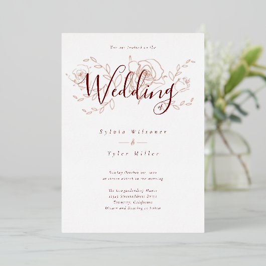 Elegant Roos Gold Floral White Burgundy Wedding fo Folie Uitnodiging (Staand Voorkant)