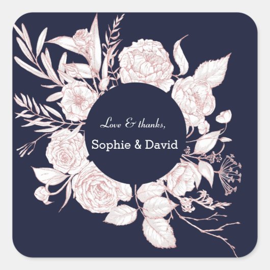 Elegant Roos Gold Flowers Navy Blue Wedding Vierkante Sticker (Voorkant)
