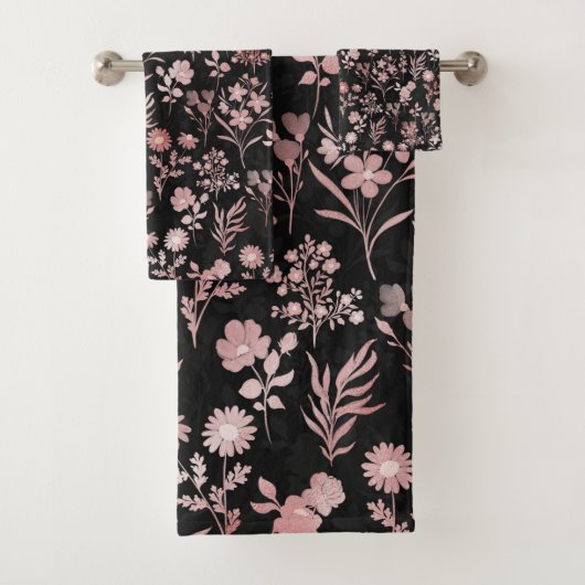 Elegant Roos Gold Flowers Zwart Botanisch Bad Handdoek (Insitu)