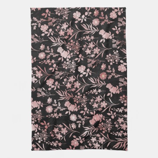 Elegant Roos Gold Flowers Zwart Botanisch Theedoek (Verticaal)